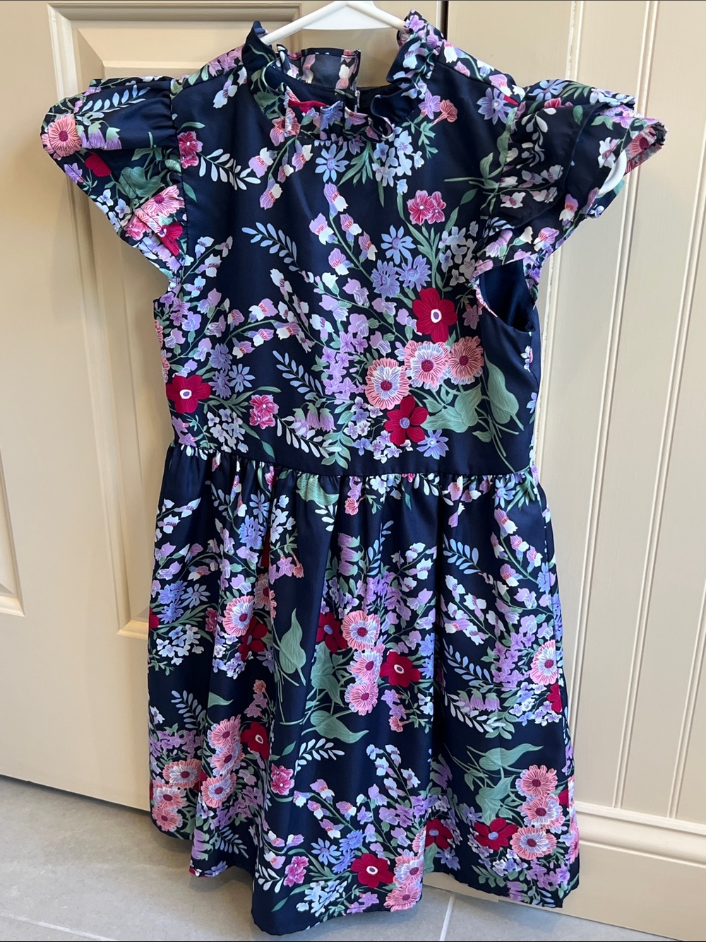 Janie and Jack Navy Floral Ruffle Neck Dress with Pink & Red Blooms